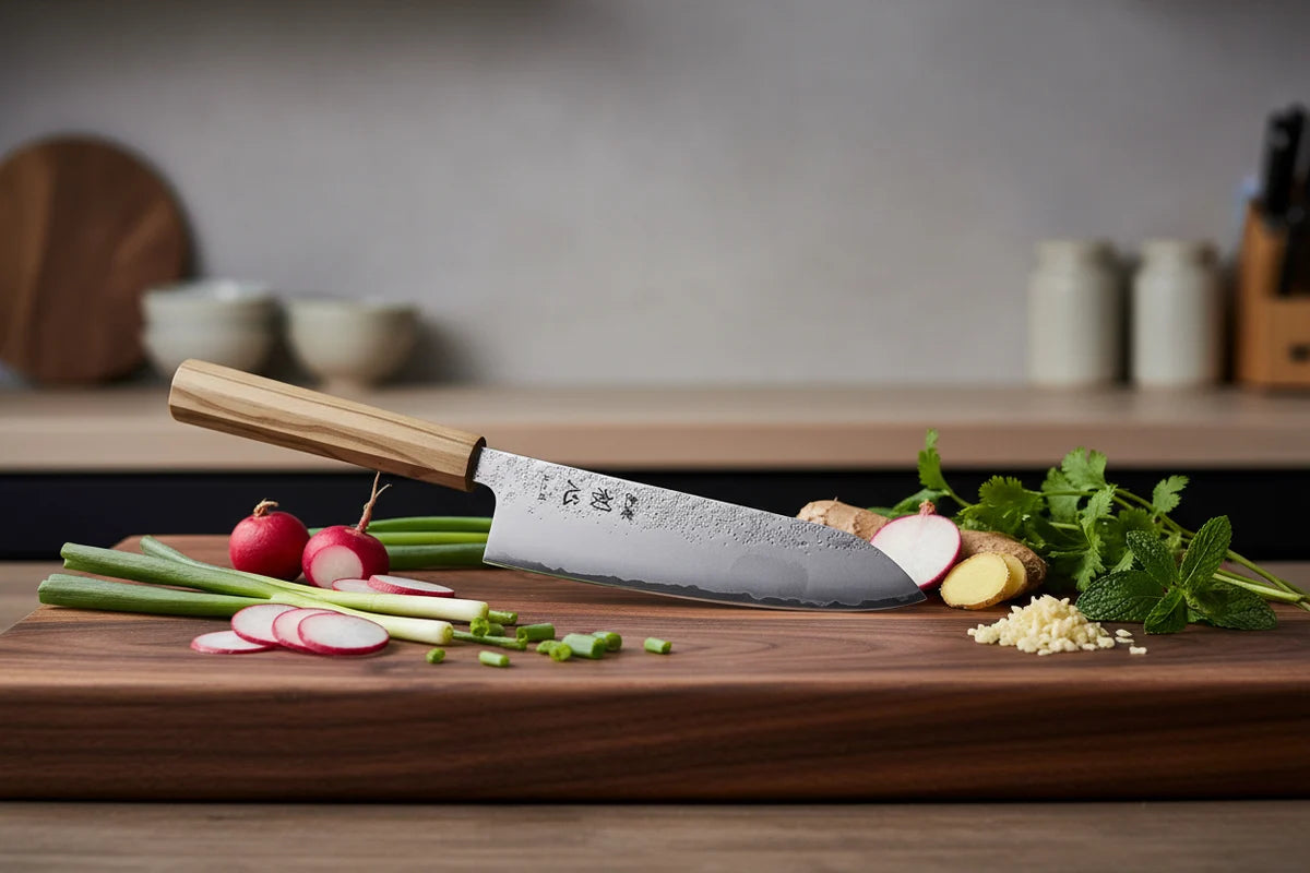 Hatsukokoro Ginrei Silver #3 3-Layer Nashiji Santoku 170mm - Olive Wood Handle